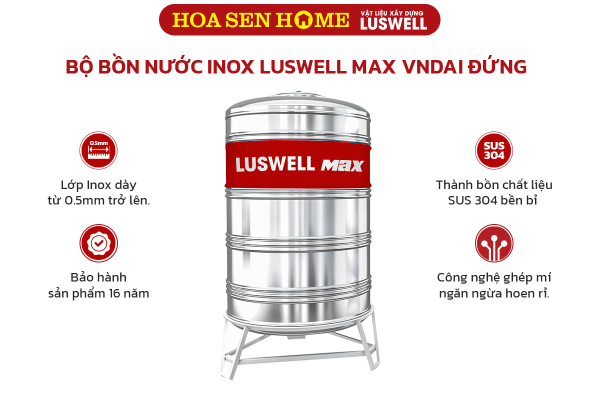 Bộ bồn nước INOX LUSWELL MAX VNDAI đứng: 1000L-940mm