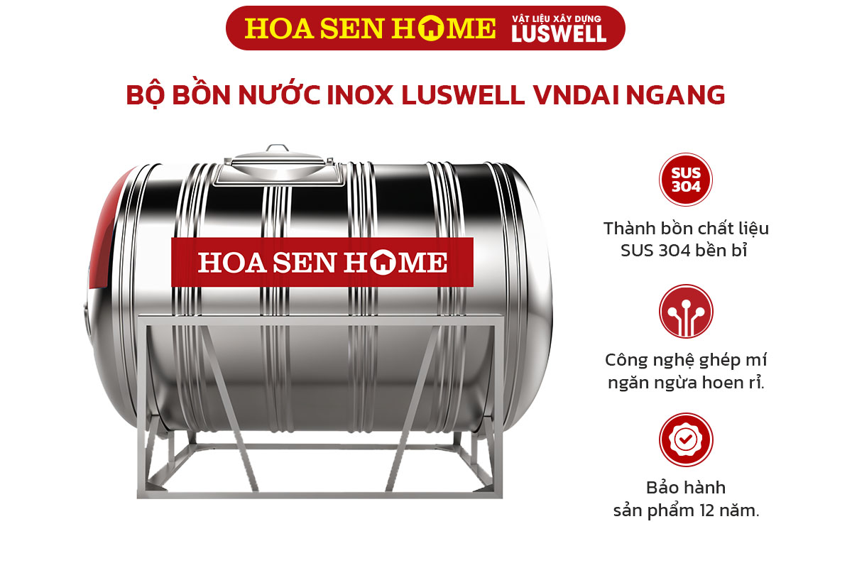 Bộ bồn nước INOX LUSWELL VNDAI ngang: 5000L-1400mm