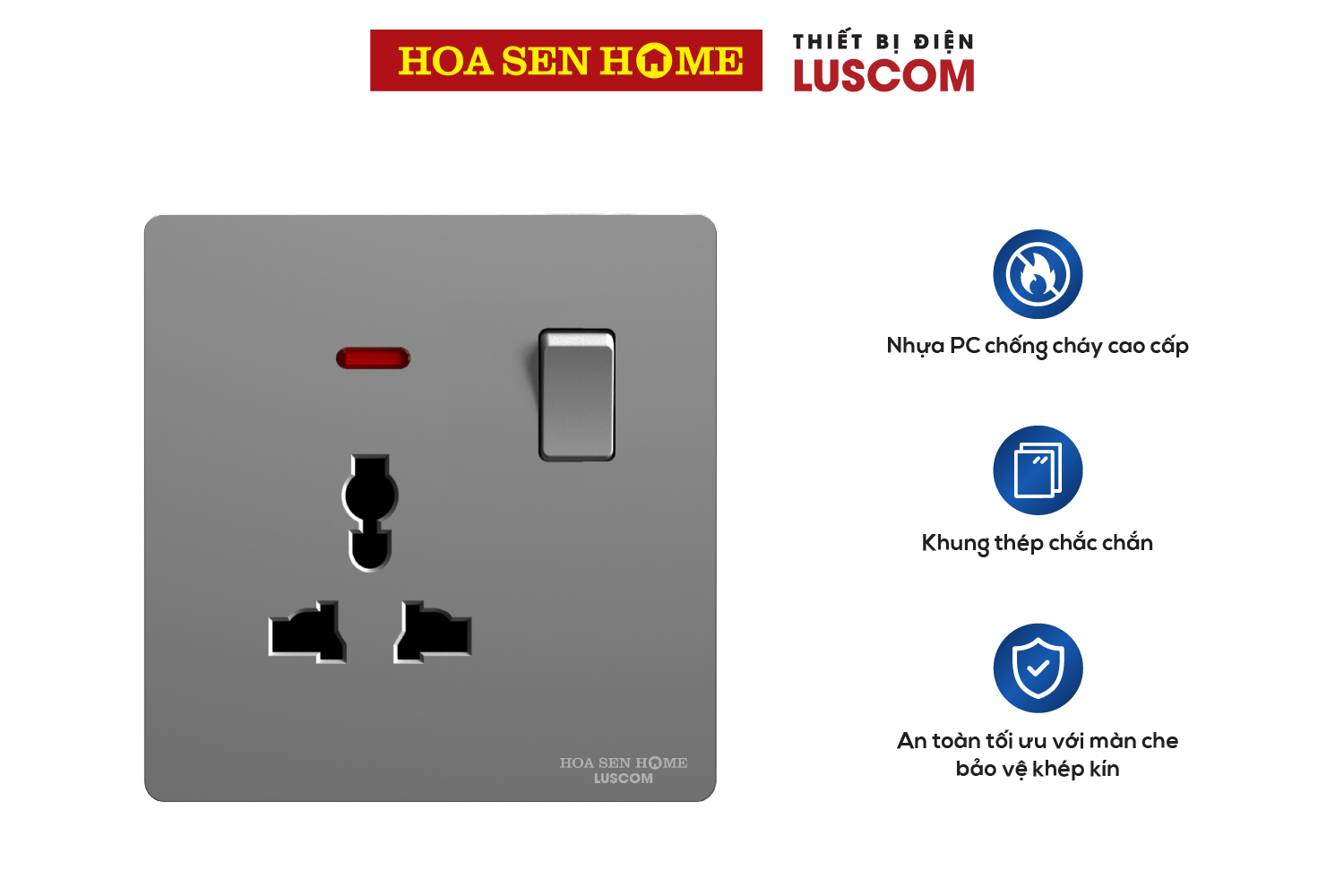 Mặt 1 ổ cắm 3 chấu, 1 công tắc MF (đèn) LUSCOM MOC3CTN