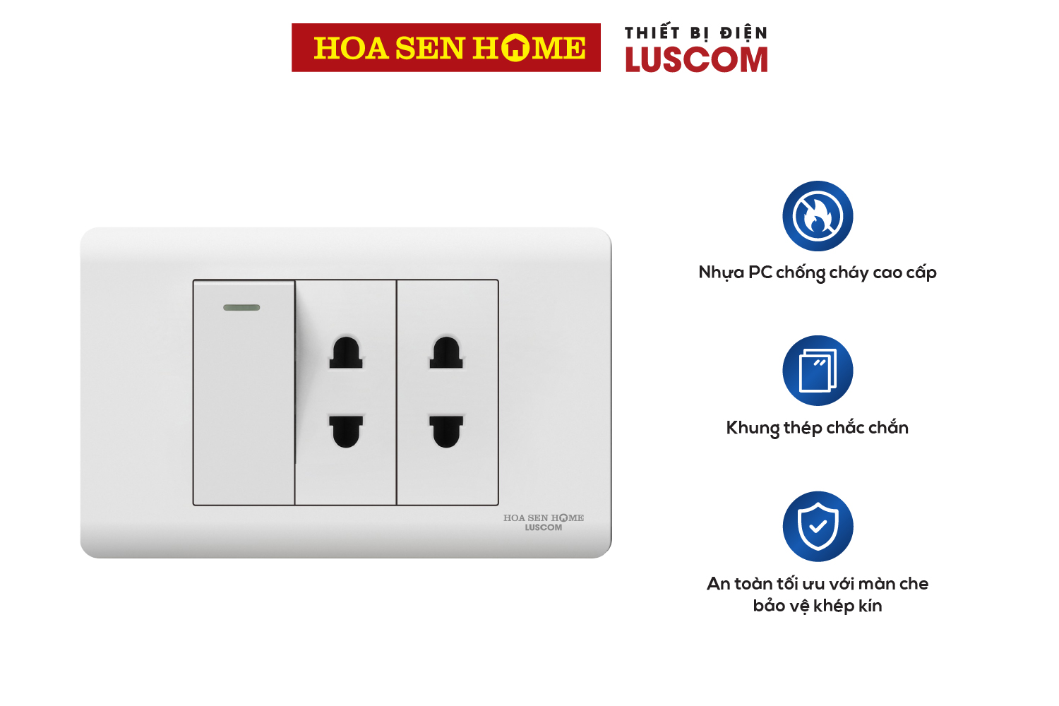 Mặt 2 ổ cắm 2 chấu, 1 công tắc 1 chiều LUSCOM AOC22CT11