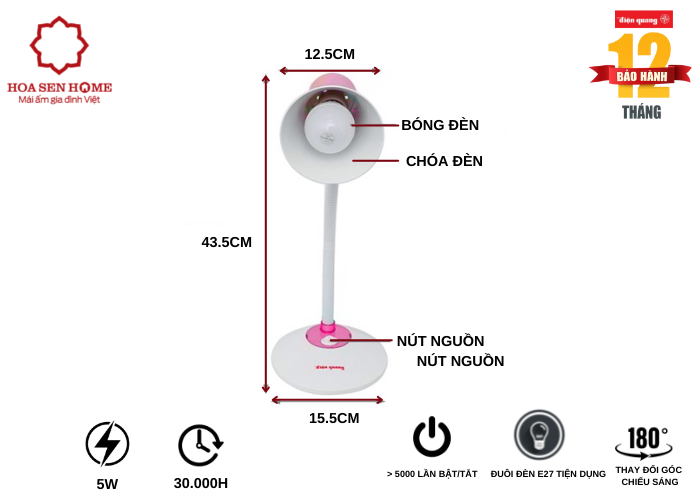 Đèn bàn bảo vệ thị lực DKL15 WP B (màu trắng- hồng, bóng led daylight)