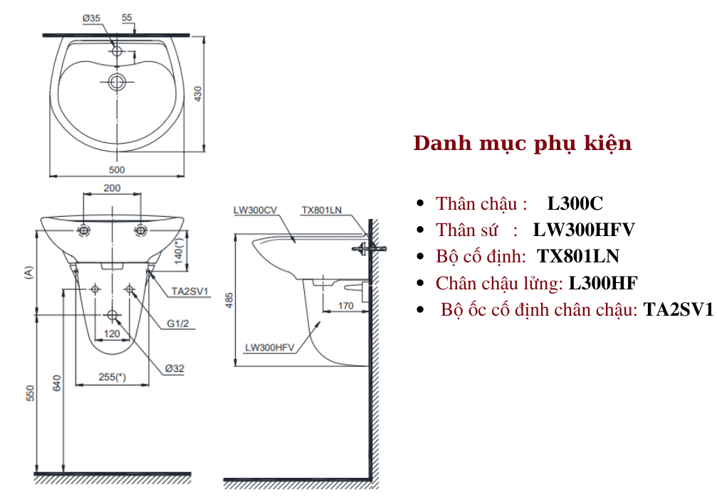 Bộ lavabo treo tường chân ngắn TOTO LHT300CRW